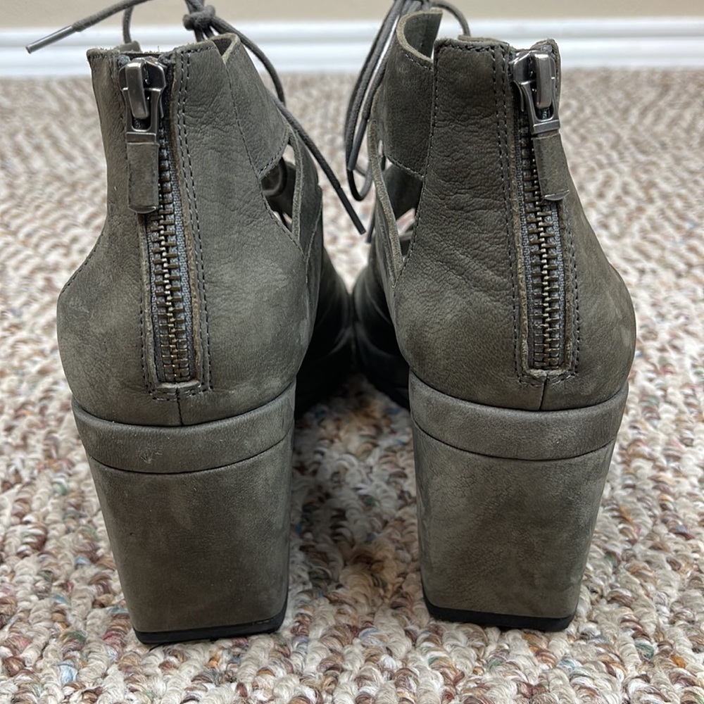 EILEEN FISHER DIBS GREY SUEDE LEATHER LACE-UP WEDGE SANDALS - Picture 6 of 9